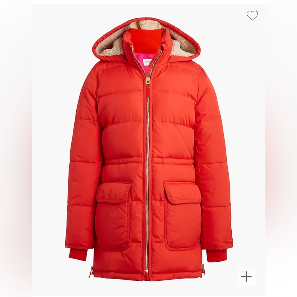 J. Crew Puffer Jacket with hood. Cherry Red (Bright Cerise). Medium. NWT.